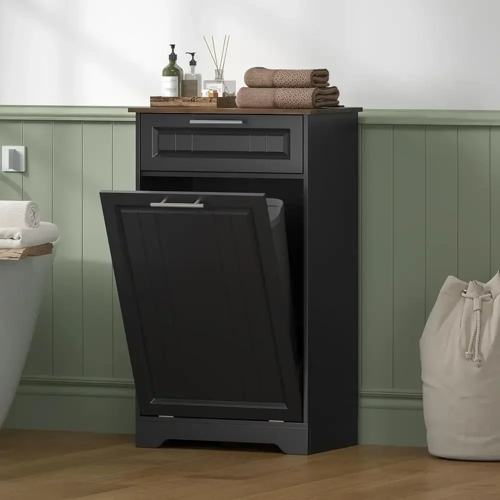 10 Gallon Wood Trash Bin Cabinet with Deodorizing Function, Storage Drawer for Kitchen or Laundry Room, Black