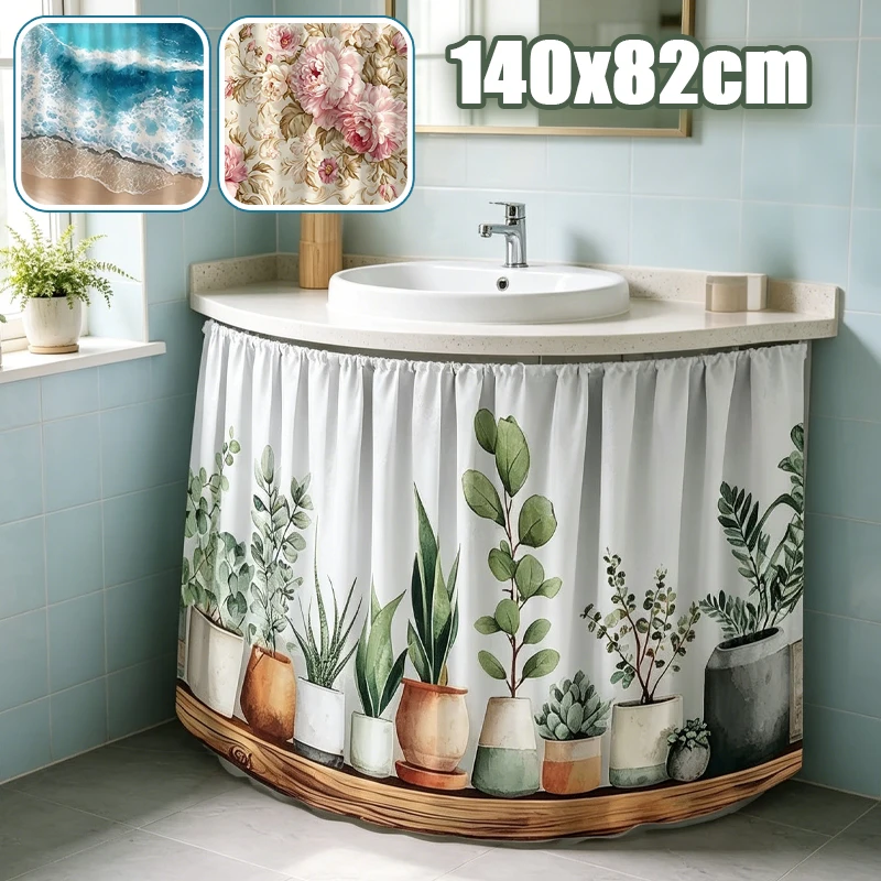 Self Adhesive Velcro Under Sink Curtain Plant Ocean Floral Print No Drill Cabinet Curtain for Kitchen Bathroom Apartment Decor