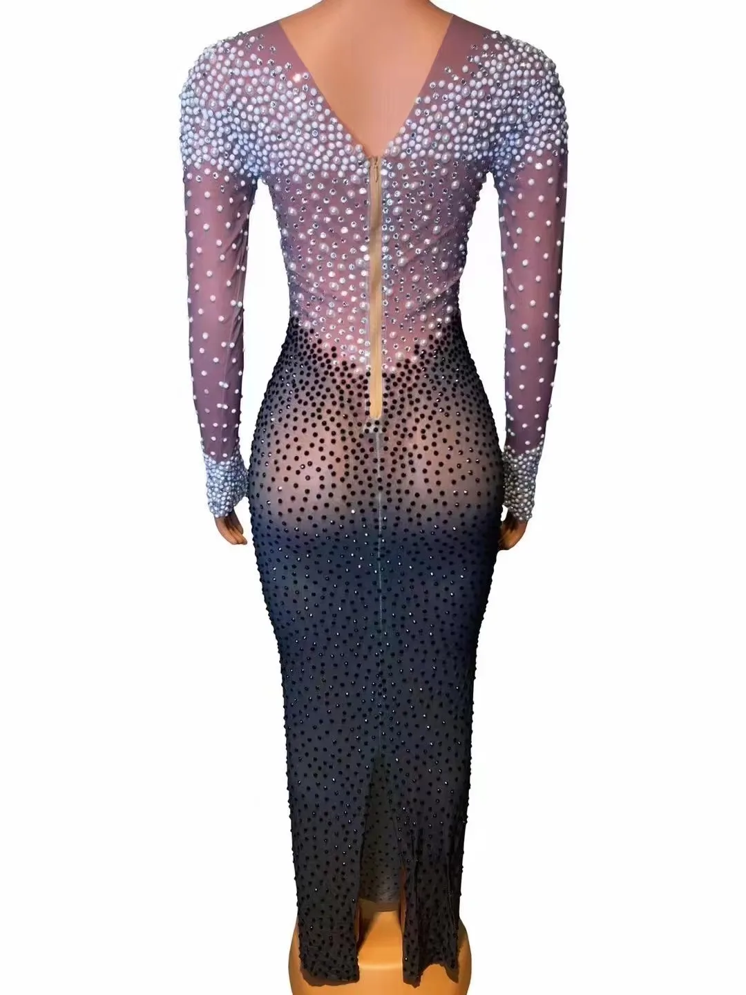 Seksowne perły sceniczne dżetów strój sceniczny urodziny świętuj długi tren sukienka strój imprezowy kostium kobiety tancerz przezroczysta sukienka