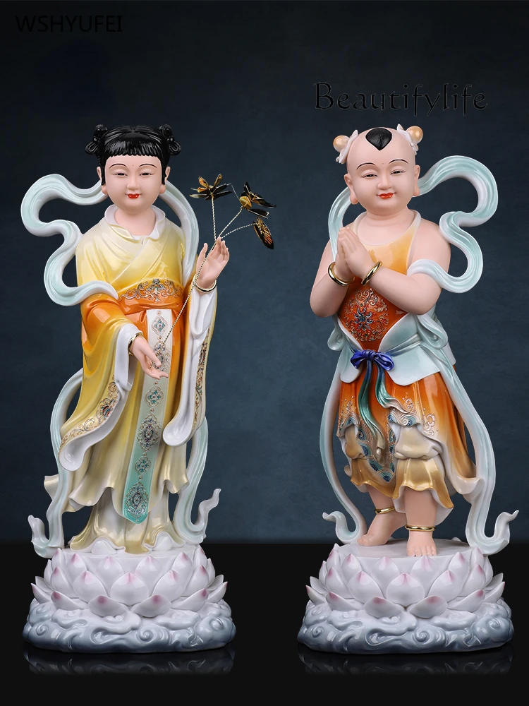 Shancai boy Resin Golden Boy and Jade Girl The Child Under the Seat of Guanyin Bodhisattva Home offering ornaments 1pcs