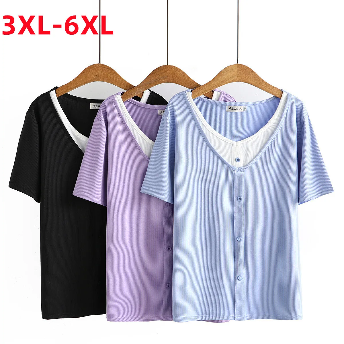 

New 2022 Ladies Summer Plus Size Knit Tops For Women Large Size Short Sleeve Slim Blue Elastic V-neck T-Shirt 3XL 4XL 5XL 6XL