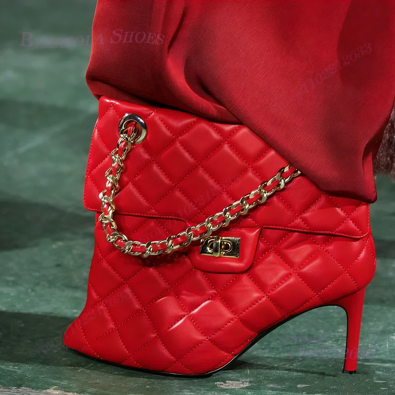 

Красная сумка-цепочка, сапоги с острым носком, женские коричневые кожаные туфли в клетку с металлической пряжкой, ботильоны до щиколотки, белые туфли на шпильке для девочек