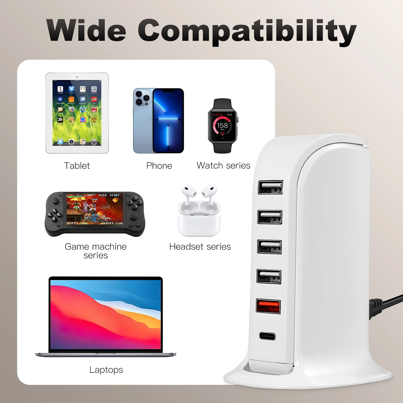 Charging Station USB Multi-port Outlet White Tower for Multiple Devices