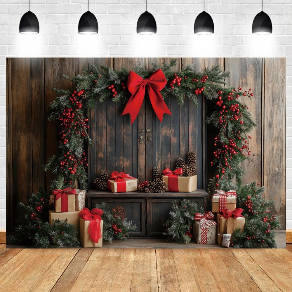 Yeele Photography Backdrop Red Bow Wreath Arch Wooden Cabinet Xmas Tree Kids Adults Christmas Party Decoration Photo Background