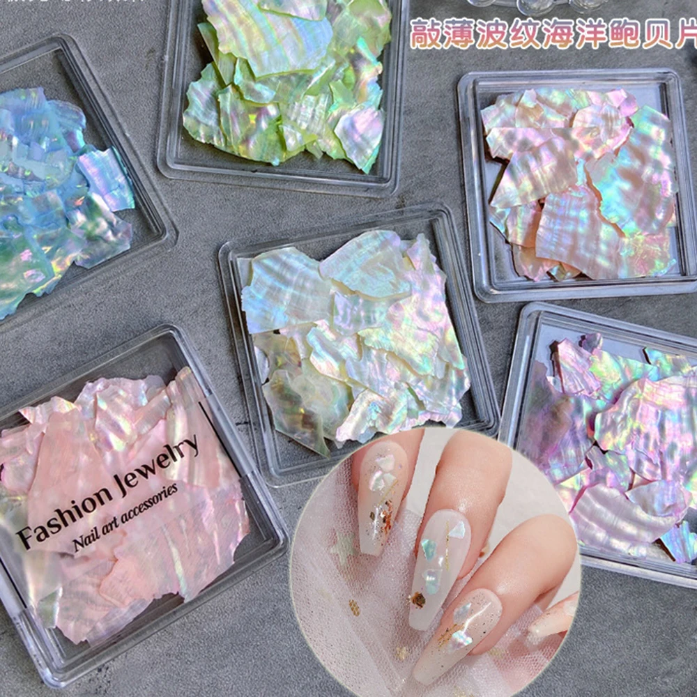 1 Box Nail Art Abalone Charms Muschelscheiben Ocean Series 3D Aurora poliert bunte Muschel Nail Art Pailletten natürliche Teile