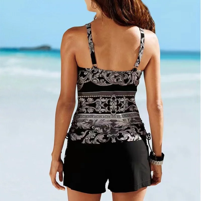 Zweiteiliger Badeanzug für Damen mit Aufdruck, Tankini mit Boyshorts, Träger-Badebekleidung