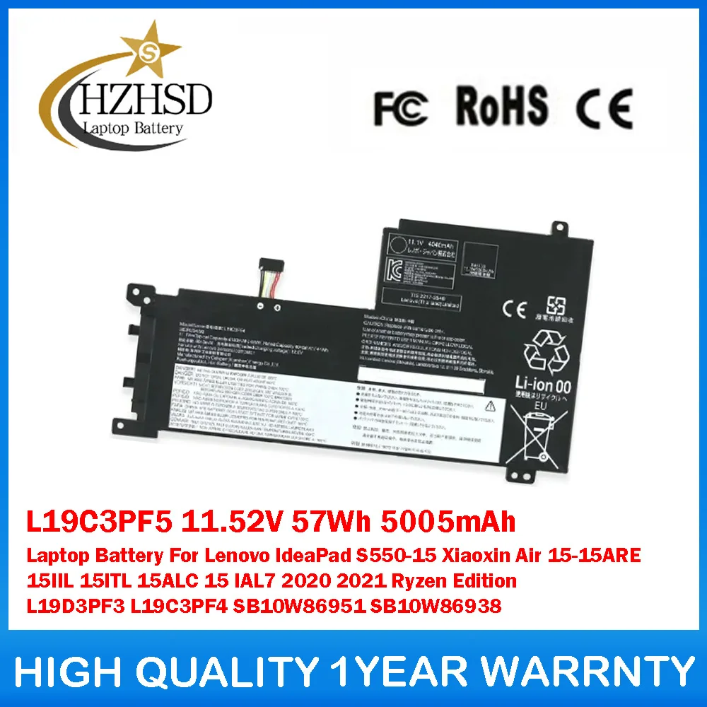 

L19C3PF5 11.52V 57Wh 5005mAh Laptop Battery For Lenovo IdeaPad S550-15 Xiaoxin Air 15-15ARE 15IIL 15ITL 15ALC 15 IAL7 2020 2021