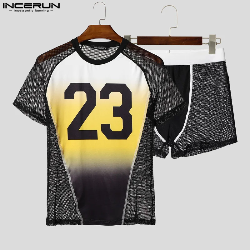 

INCERUN Men Sets Printing Gradient Mesh Patchwork O-neck Short Sleeve T Shirt & Shorts 2PCS Summer See Through Sexy Men's Suits