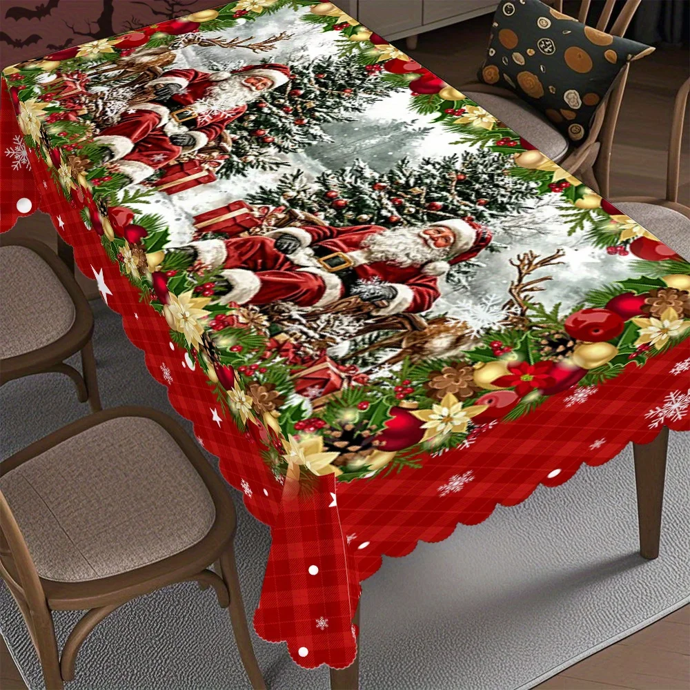 One Christmas tablecloth - featuring Santa Claus and snow scenery design, durable polyester rectangular festive tablecloth.