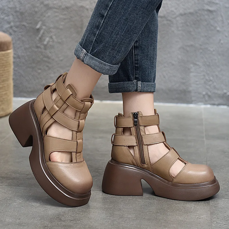 GKTINOO Women Sandals Summer Zipper Gladiator Boots Thick Soled 100% Genuine Leather Shoes Woman Handmade Platform Sandals