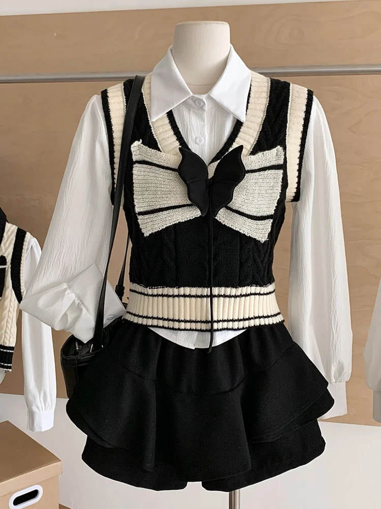 Fall Winter Women Korean Gyaru 2000s Preppy College Outfits 3 Piece Set Long Sleeve Crop Shirt + Knit Vest + Mini SKirt Culotte