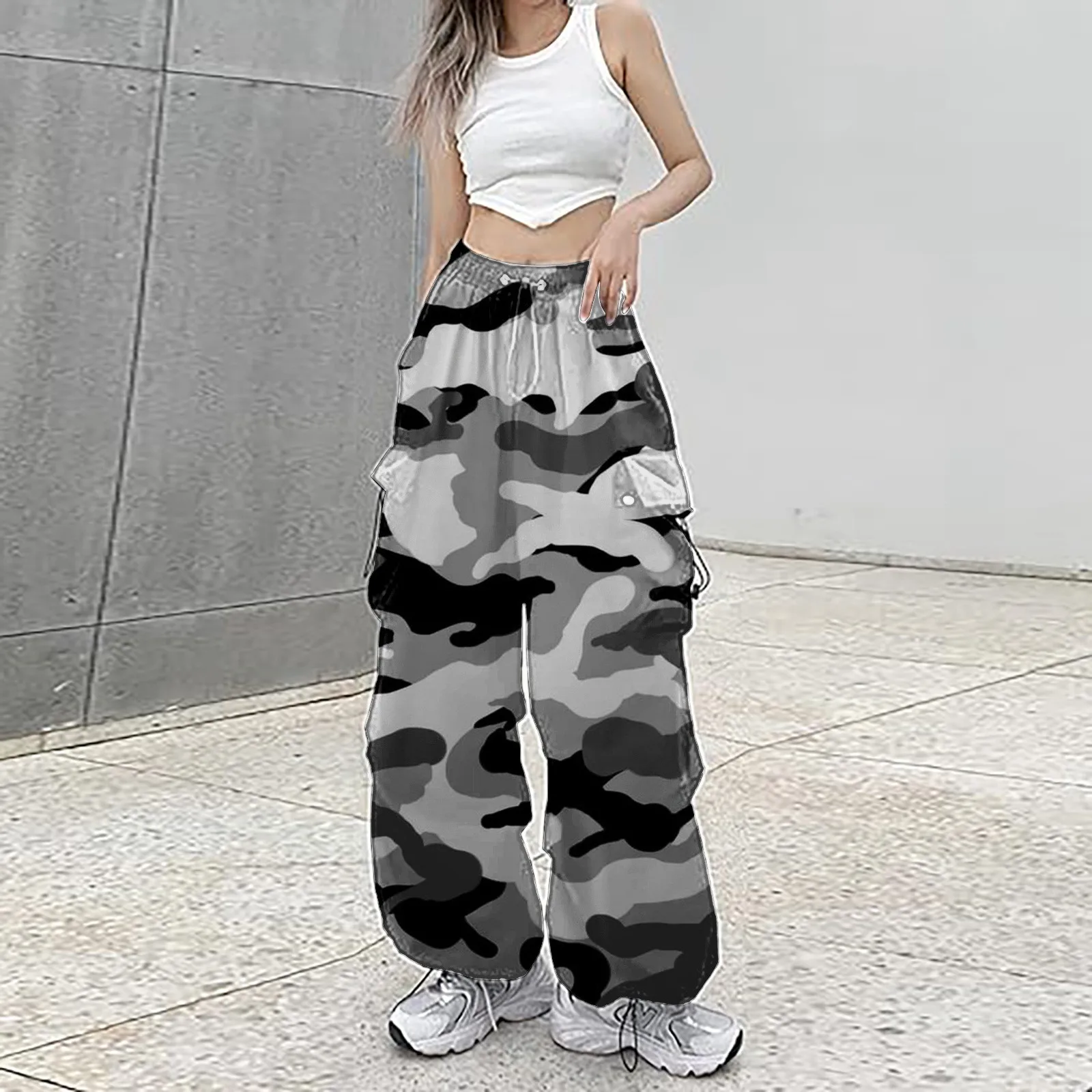 

Womens Baggy Cargo Camo Print Pants Streetwear Hip Hop Joggers Sweatpants Drawstring Casual Loose Wide Leg Oversized Trousers