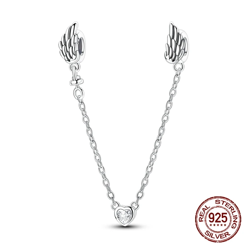 

925 Sterling Silver Angel Wing Safety Chain Zircon Heart Pendant Fit Original Bracelet DIY Romantic Jewelry Lovers Gift
