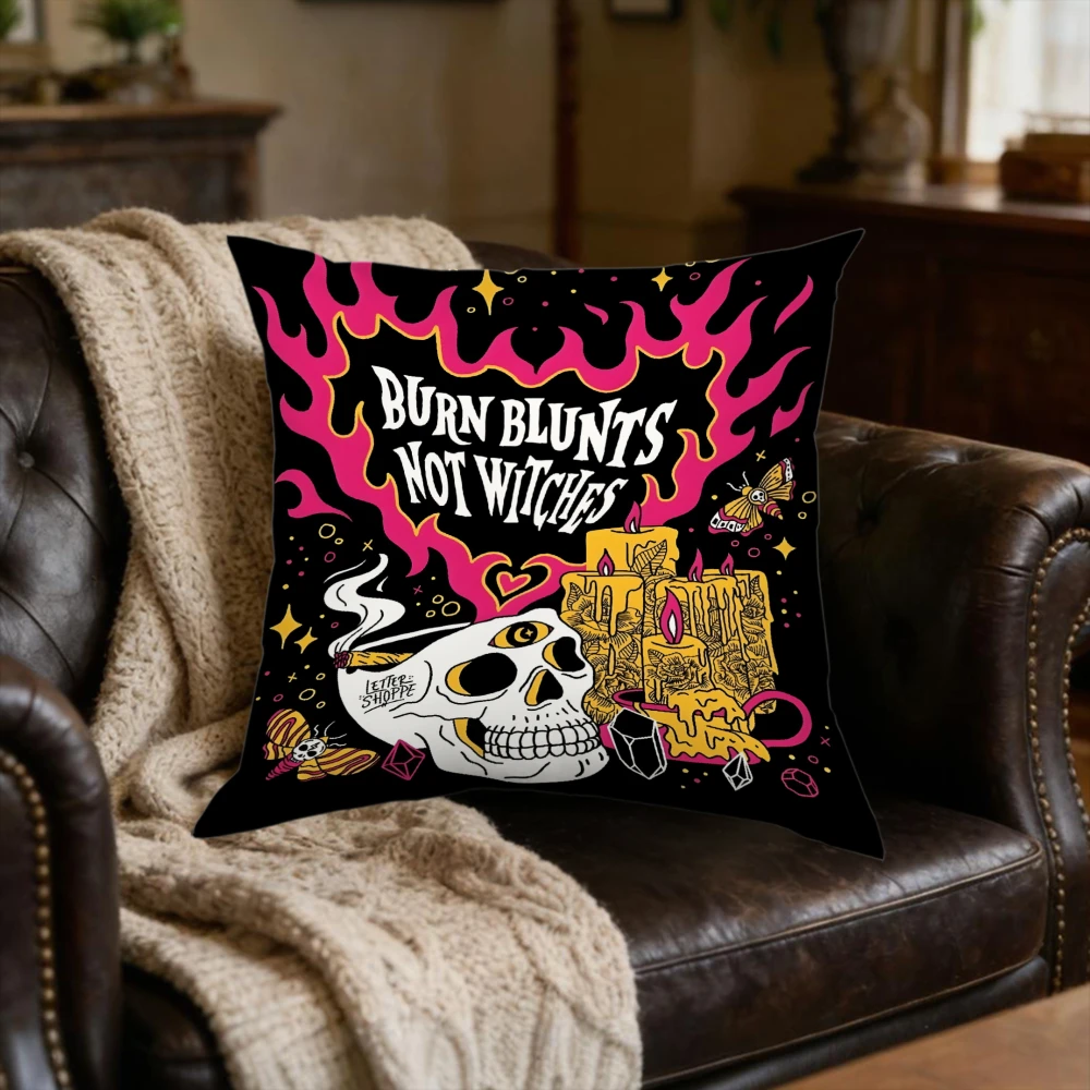 1Pc Gothic Black Skull Flame Print Pillowcase Blunts Not Witches Cushion Cover for Sofa Bed Decor Soft Breathable