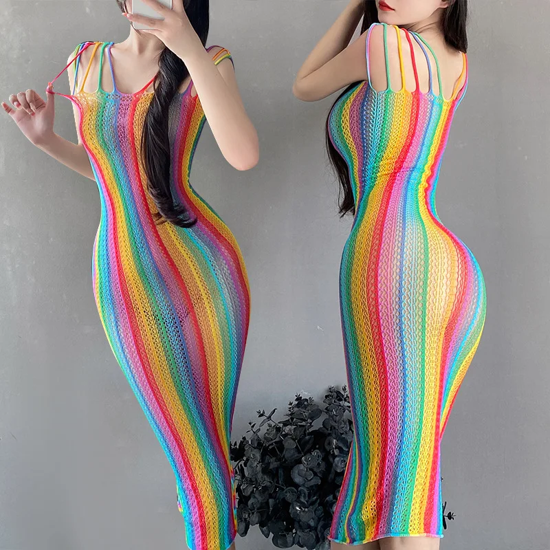 

Rainbow Hollow Out Dress Bikini See Through Lace Cover Up Women Swimwear Clothing Babydolls Sexy Lingerie Colorful Fishnet Skirt