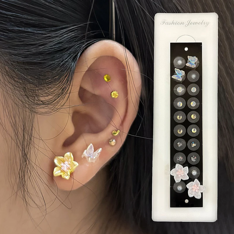 Fashion Butterfly Flower Ear Point Stickers Ear Pressure Patch Rhinestone Acupuncture Auricular Ear Stickers Massager