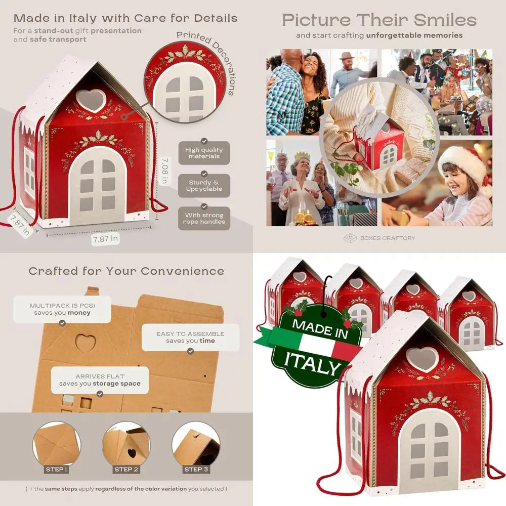 

Набор из 5 красных подарочных коробок в форме рождественского дома для подарков и лакомств (7,87 x 7,87 x 7,08 дюйма)