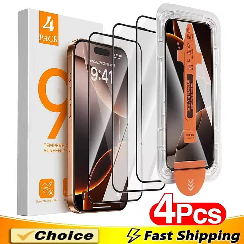 4Pcs 9D Oleophobic Dust Free Easy Installation Screen Protector For iPhone 16 15 14 13 12 11 17 Pro Max XR X XS MAX 8 Plus Glass