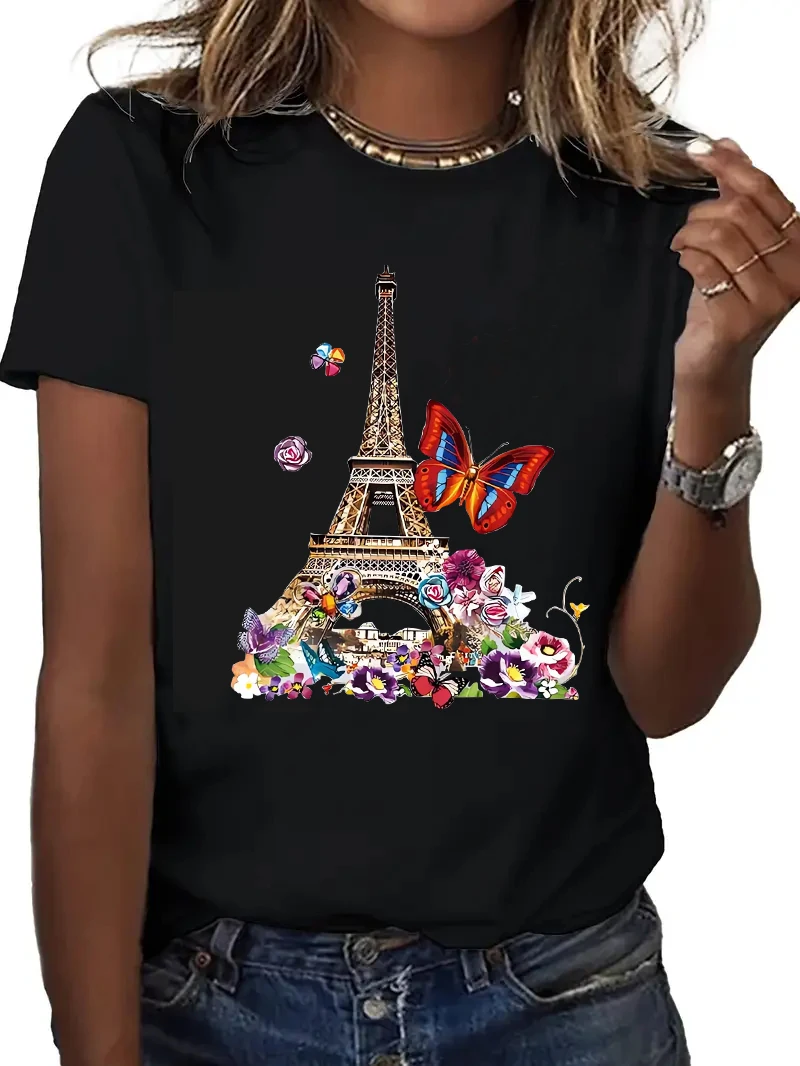 Y2k 90er Jahre Damen Casual Kurzarm Paris T-Shirt mit Eiffelturm und Schmetterlings-Blumenmuster Rundhals-T-Shirt