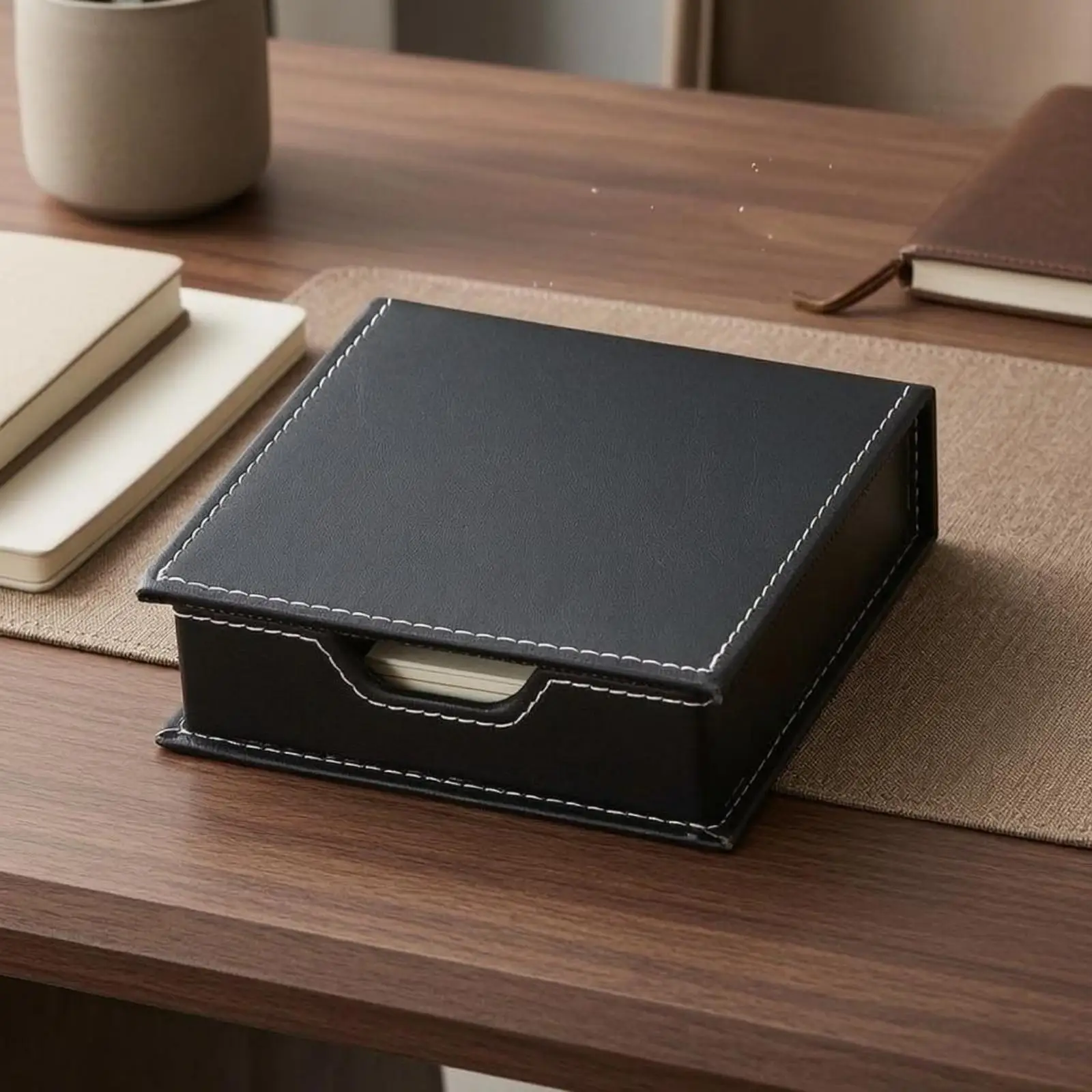 2-6pack Lidded Desktop Box Textile Lined PU Leather Desk Box Note Card Holder