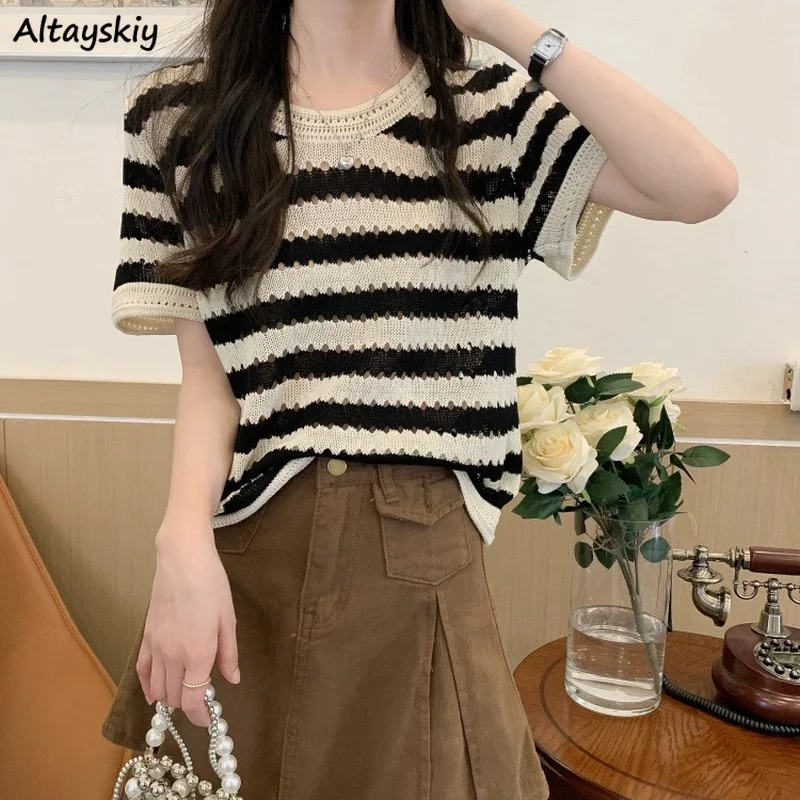 Hollow Out T-shirts Women Knitting Y2k Tees Leisure Daily All-match Striped Summer Cozy Classic Trendy Japanese Style Lady Tops