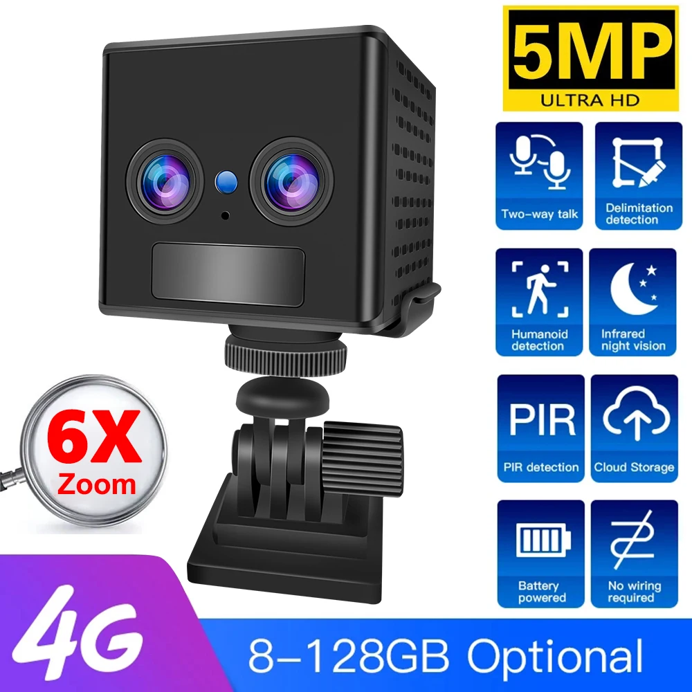 cartao sim mini camera bidirecional walkie talkie cam bateria embutida pir deteccao humana wifi camera de vigilancia de seguranca ip 5mp 4g 01