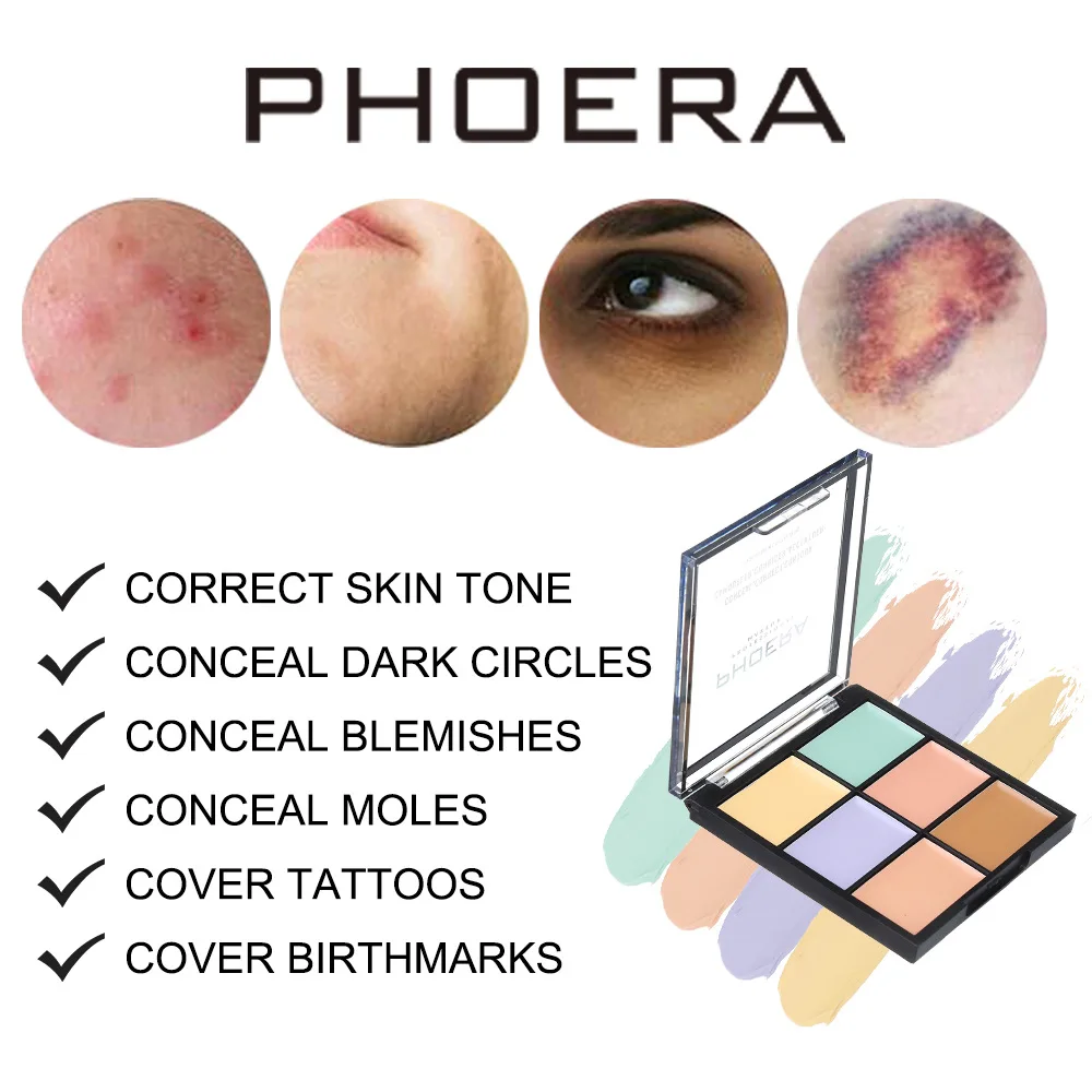 PHOERA 6-Color Classic Concealer Palette Cream Texture Moisturizing Full Coverage Acne Spot Invisible Pore Concealer Face Makeup