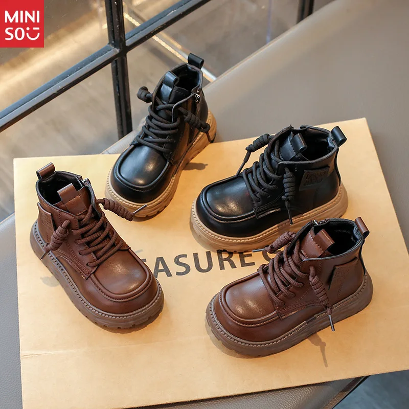

Miniso 2025 Girls Fur Lined Martin Boots, Winter Warm Leather Ankle Boots with Thick Sole