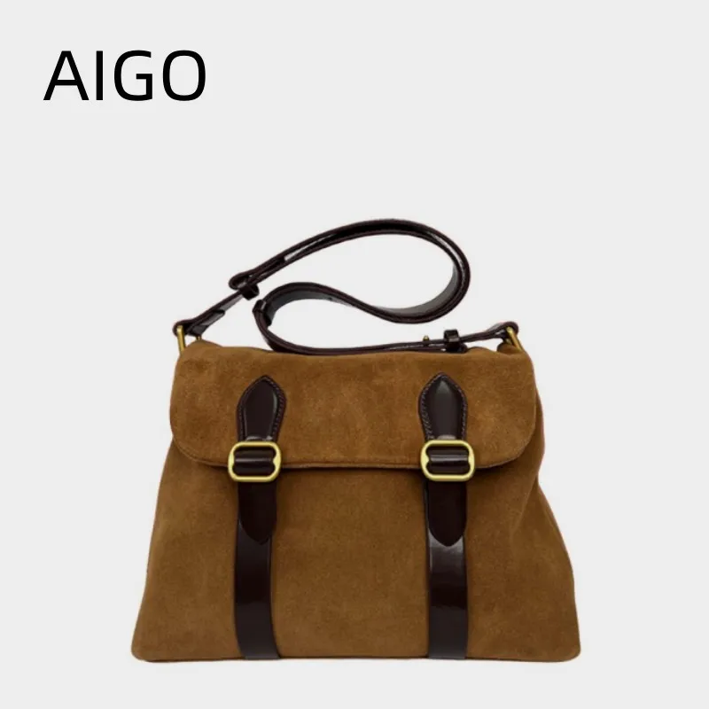 

AIGO Vintage Academy Style Autumn Frosted Suede Postman Woman Flap Shoulder Crossbody Bags For Women Underarm Commuter Belt Purs