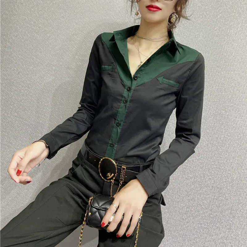 Fashion Slim Solid Color Spliced Shirt Commute Turn-down Collar Women\'s Clothing Single-breasted Spring Autumn All-match Blouse