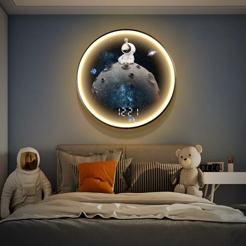With clock ambient light painting starry sky science fiction wall lamp pendant boy bedroom study  painting