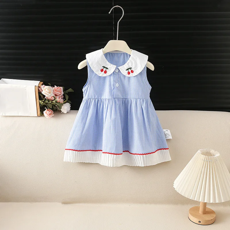 New Summer Girls Sweet Cherry Dress Cute Peter Pan Collar Plaid Sleeveless A Line Sundress 1-6Y Kids Daily Clothes