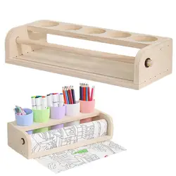 Drawing Paper Roll Holder Art Painting Paper Roll Stand With Pencil Holder Cups Wooden Parchment Dispenser Kids Drawing Supplies