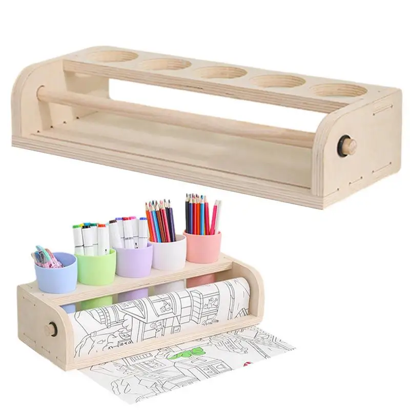 Drawing Paper Roll Holder Art Painting Paper Roll Stand With Pencil Holder Cups Wooden Parchment Dispenser Kids Drawing Supplies