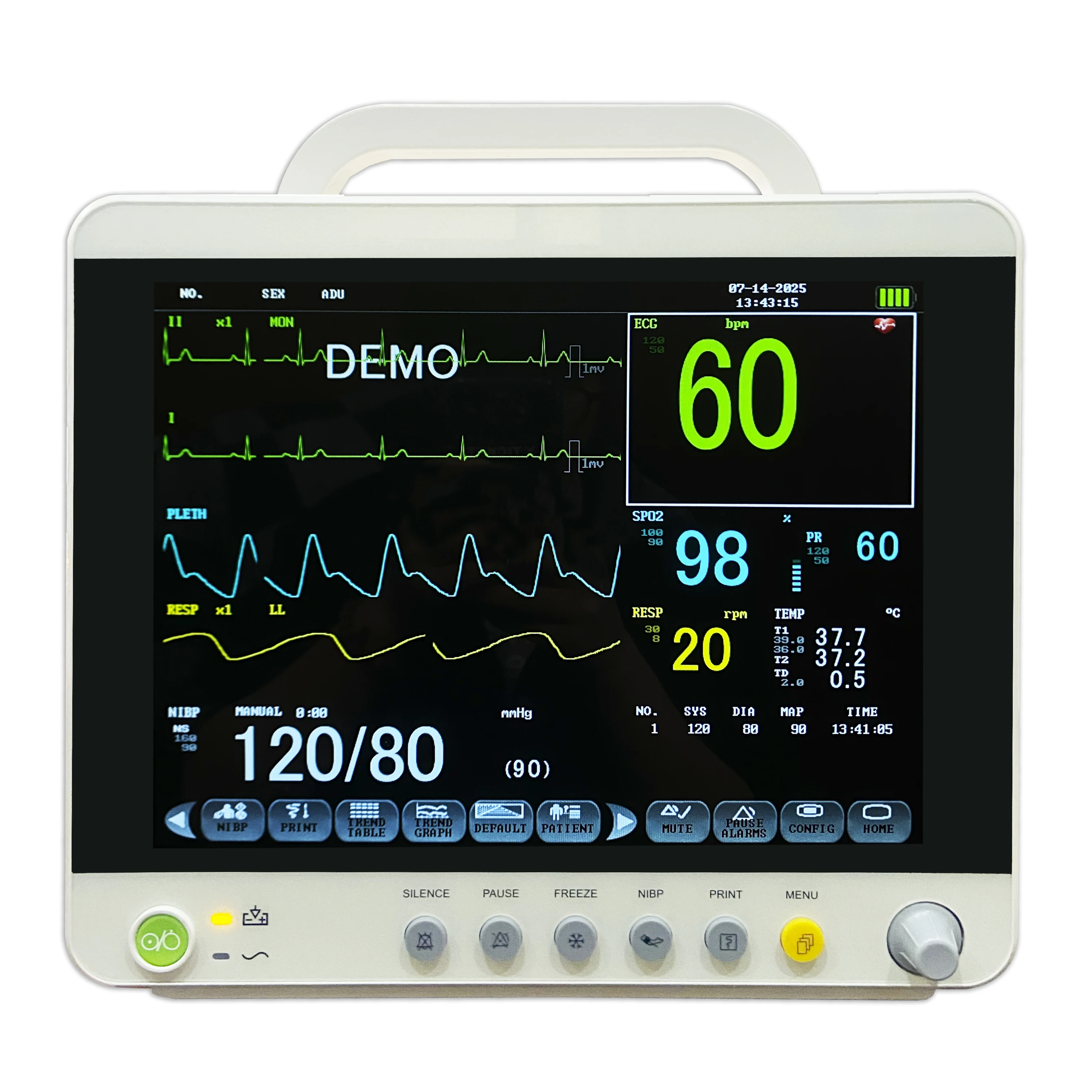 Rainbow PM-9000 12'' Durable Plastic Multiparameter Electric Class II Patient Monitor ISO Examination Therapy Equipment 1 Year