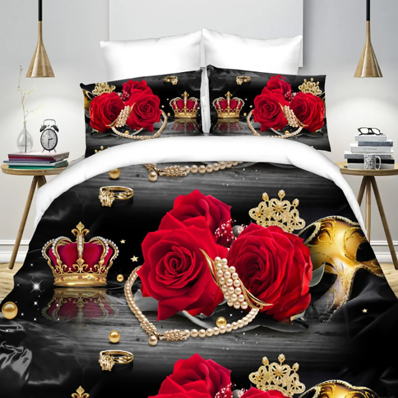 4PCS 3D Big Red Rose Floral Bedding Sets Wedding Duvet Cover Sheet Pillow Cases Bed Covers for Bedroom Household Products