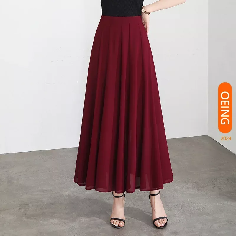 

Women Solid Color High Waist Chiffon Pleated Skirt 2024 Summer New Vintage Elegant Loose Big Swing Casual Maxi Skirts 4XL 33103