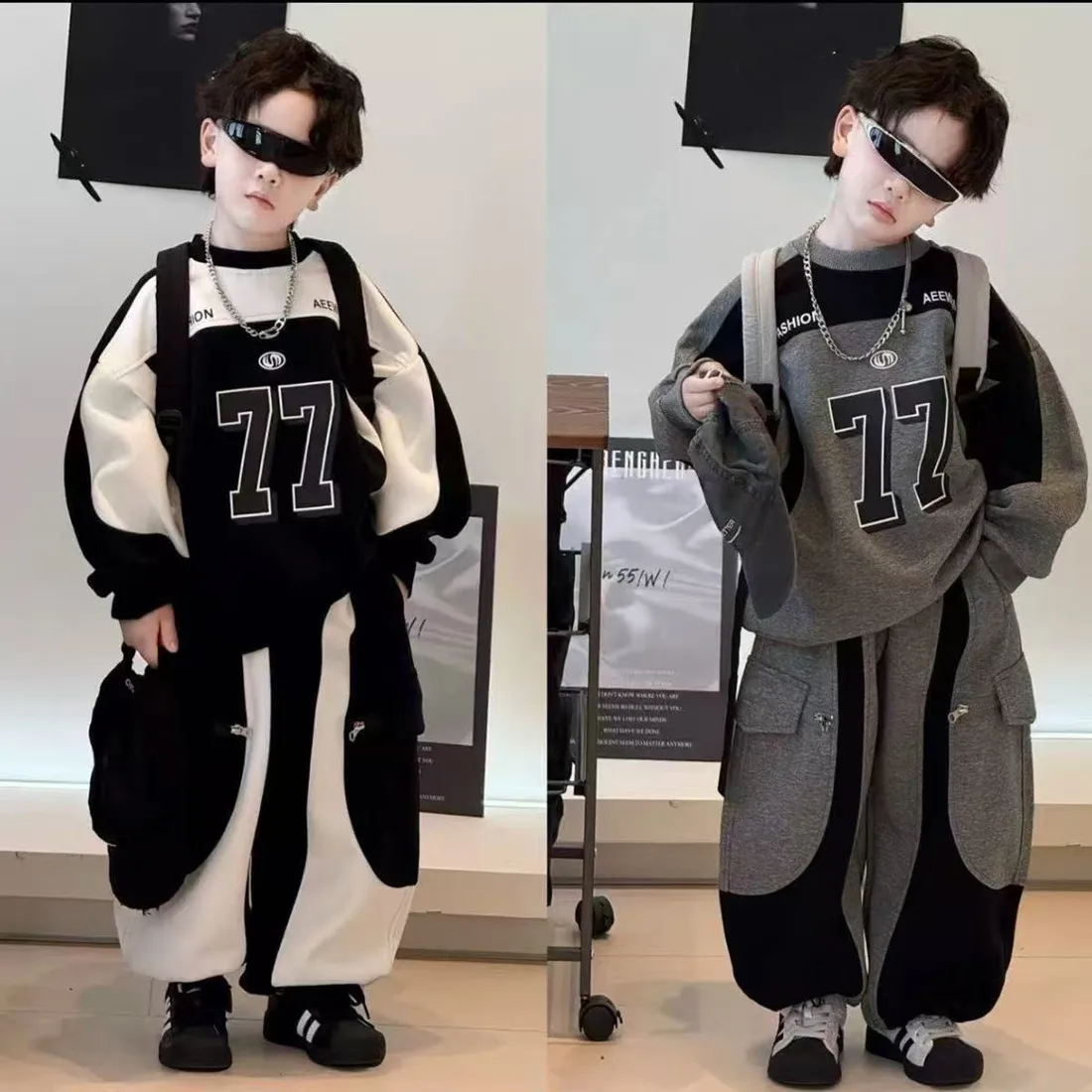 Korean Version Alphabet Top Trousers Velvet Two-piece Set 2026 Autumn and Winter Boys' Casual Suit New Children's Handsome