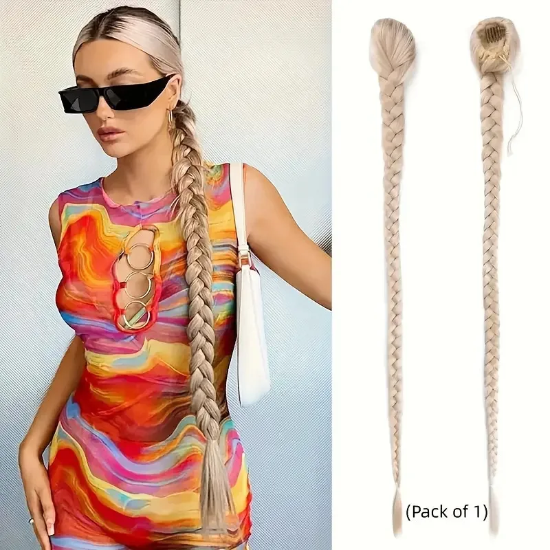 Women's Fishbone Braid Synthetic Curly Ponytail Extensions Fishtail Drawstring Hairpiece Clip-On False Hair