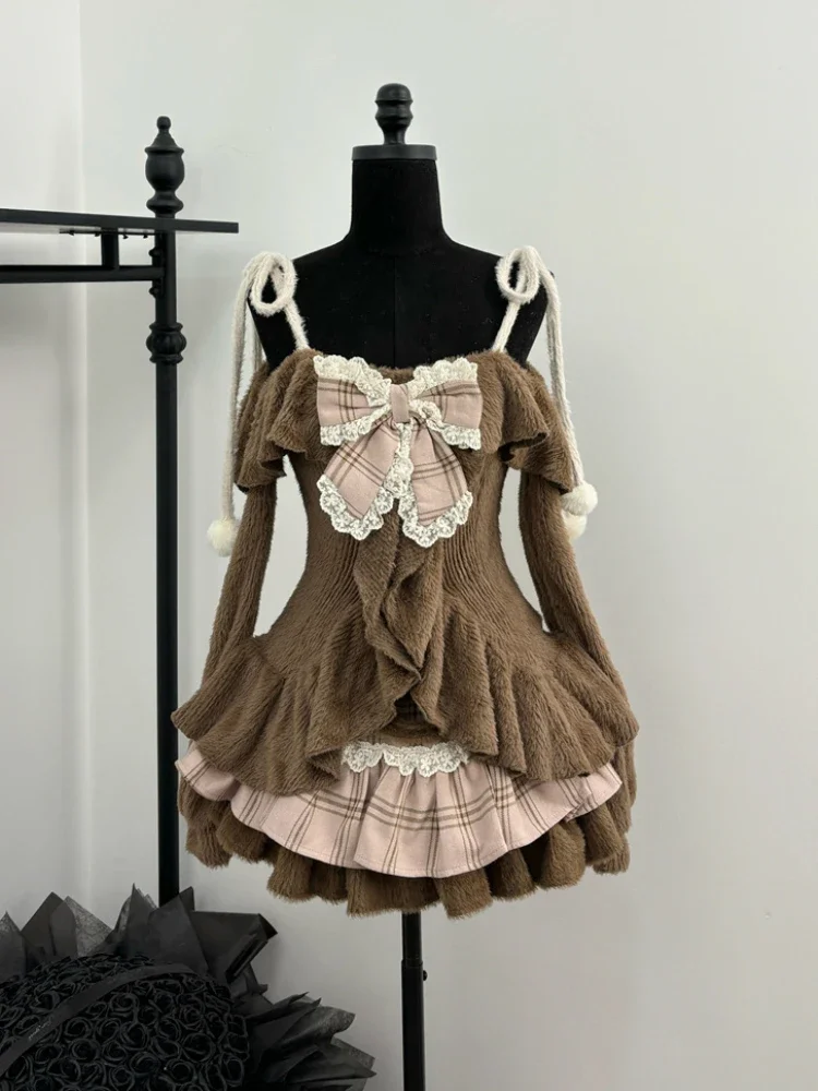 Sweet Kawaii 2-częściowe zestawy damskie Japońskie Y2k Brązowe topy retro + szykowna mini spódnica z ciasta Kobiece stroje księżniczki Eleganckie stroje Wiosna 2025