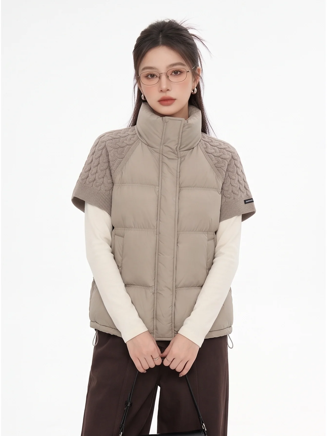 Autumn Winter Commute Design Knitted Loose Short Sleeve Jacket Stand Collar Patchwork Fake Two-Piece Vest down Outerwear