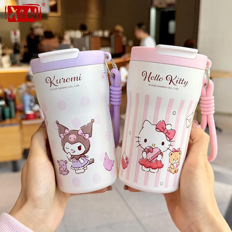X&W Cartoon Thermal Cup Hello Kitty My Melody Stainless Steel Straw Insulated Coffee Cup Hot & Cold Water Cup Outdoor & Office