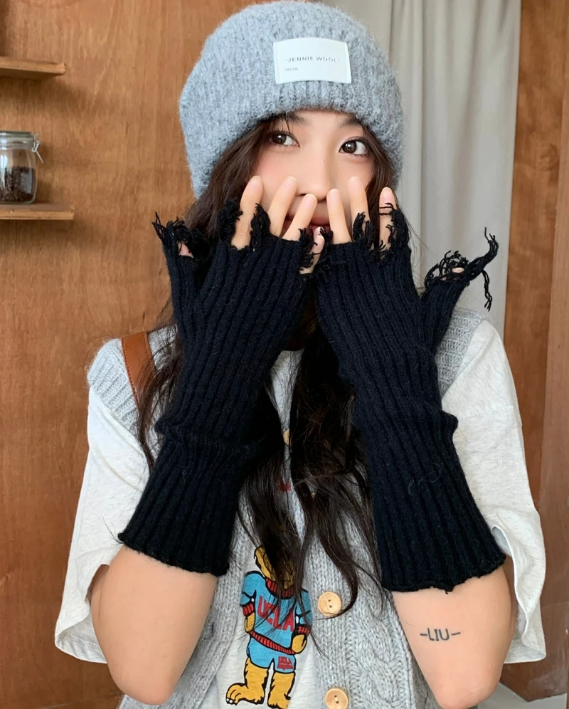 

Half-Finger Gloves Women's Autumn/Winter Korean Edition All-Tie Knitted Warm Vertical Striped Student Gloves For Women