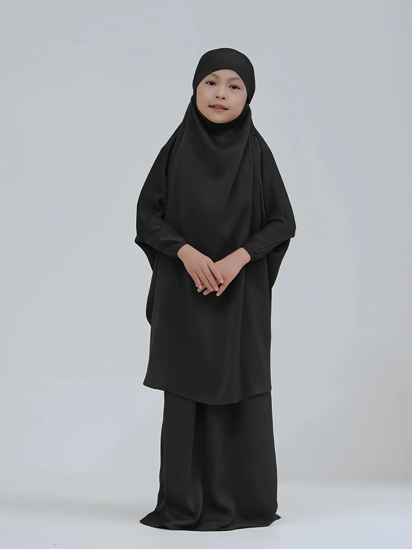 

2-Piece Dubai Turkish Muslim Girls Pure Color Abaya Top and Skirt Suit (Top + Skirt)