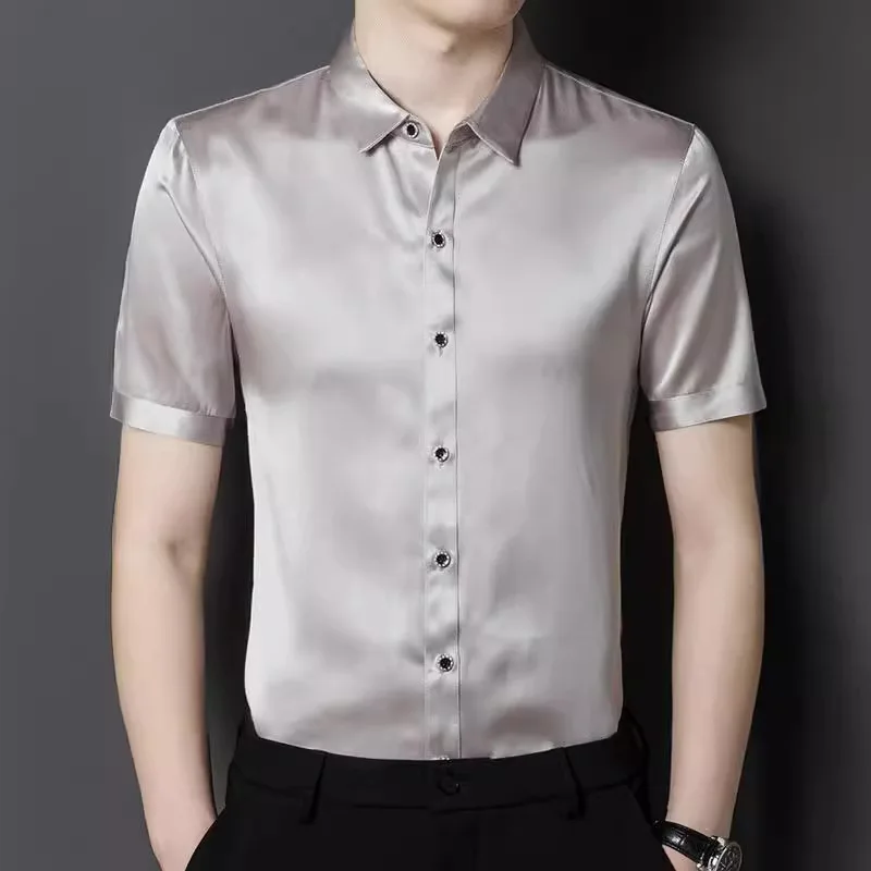 Summer New Fashion Business Lapel Shirt Top Silk Shirt Men