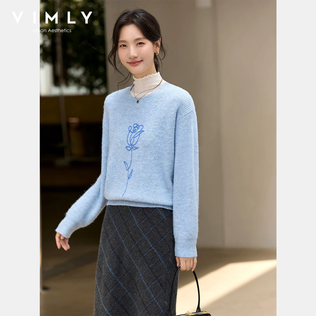 

VIMLY женский синий джемпер, повседневные свитера с круглым вырезом и вышивкой розы, осень 2024, новые модные вязаные женские пуловеры большого размера 75055