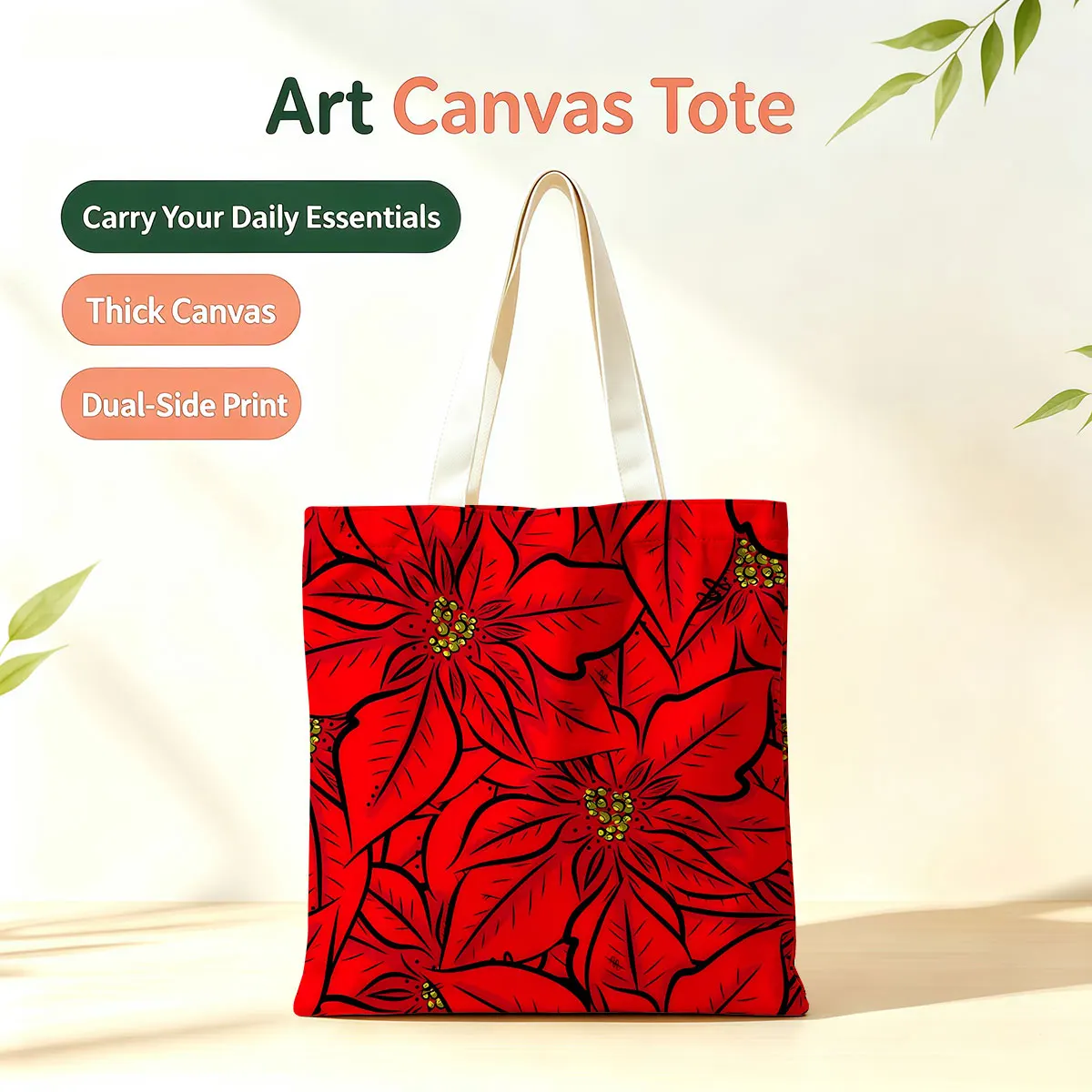Poinsettia Red Dual-Side Printed Tote Bag Large Capacity Eco Handbag for School Office Daily Errands Daily Must-Have Bag