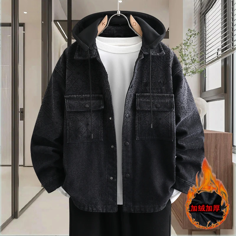 Denim jacket Men's fall/winter trend hooded coat with fleece thickening to keep warm teenage trend brand winter clothes on