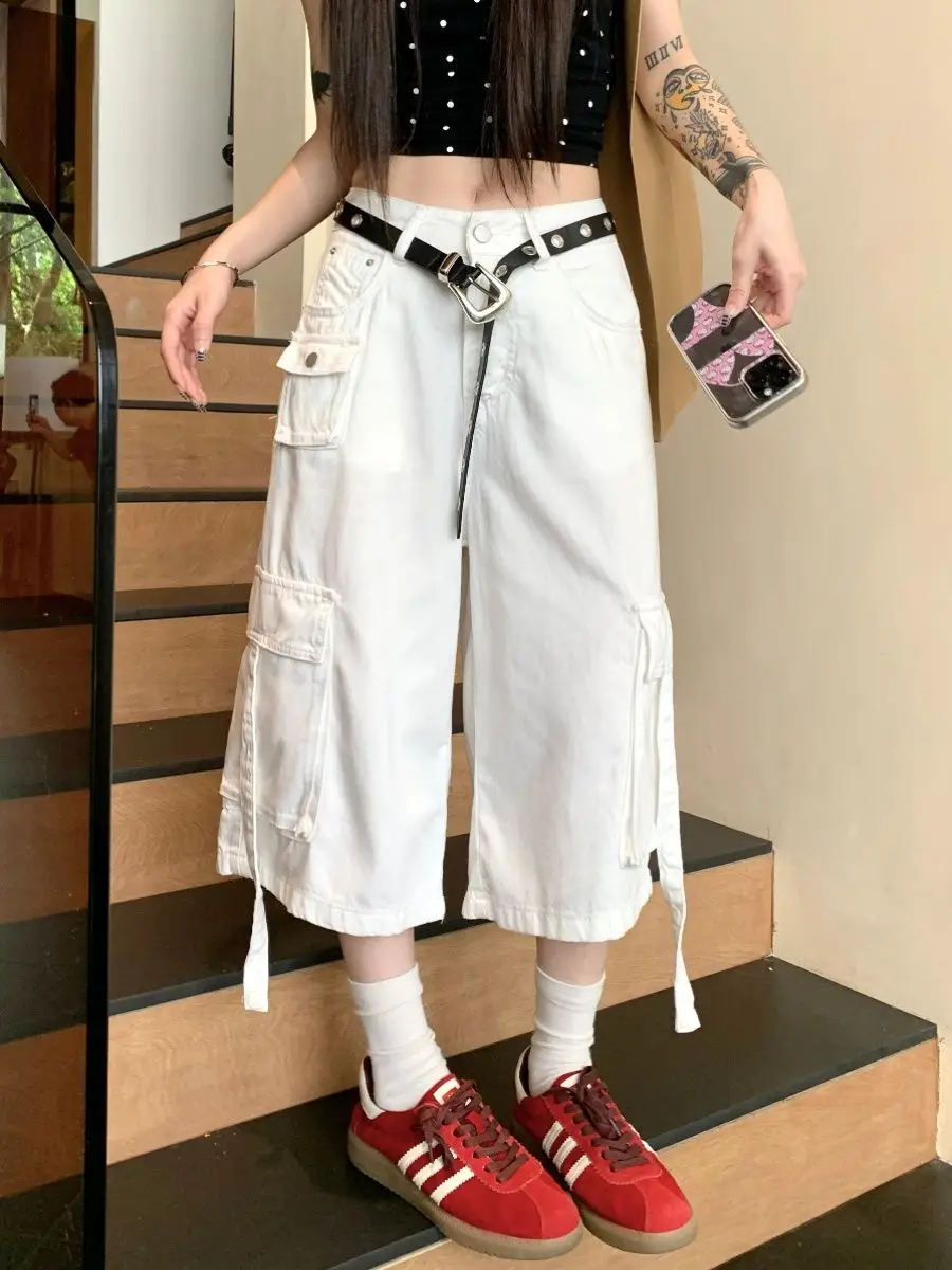 Cargo Pants Pocket White High-Waisted American Retro High Street Jeans Women'S Summer Loose Wide-Leg Pants Three-Quarter Pants