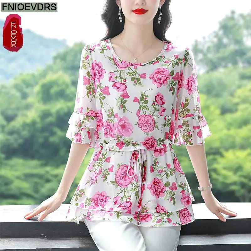 S-4XL Frauen Blume Blumen druck lange Tunika Kordel zug Schnür Chiffon Hemd Blusen Fliege Retro Vintage lose Schößchen Tops